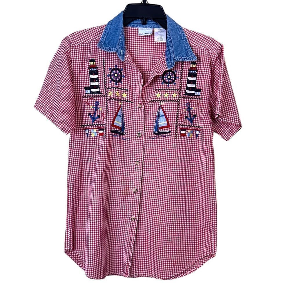 Vintage 90’s Bobbie Brooks Red Checkered Sailboat Shirt Size Small